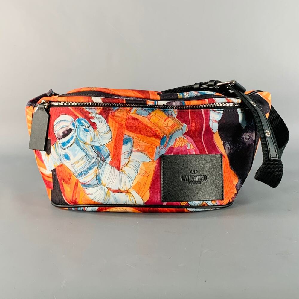 VALENTINO Black Multi Color Astronaut Print Canvas Sling Bag